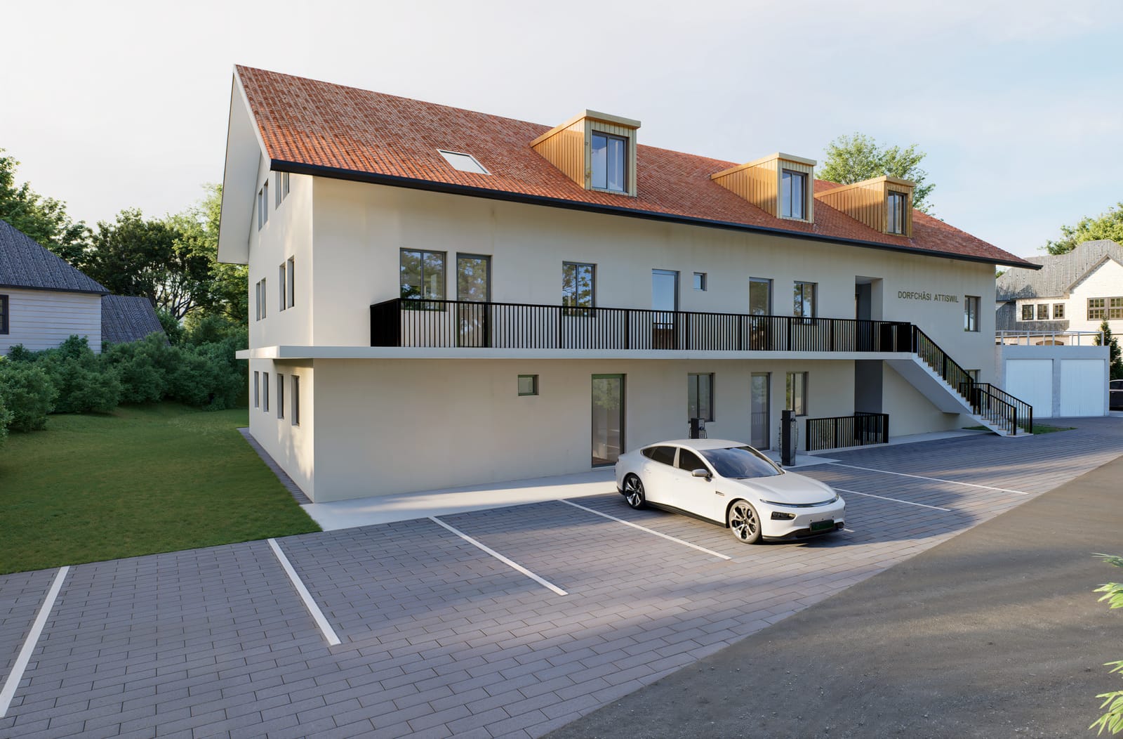 Aussenansicht mit Parkplätzen (Visualisierung) – 3.5-Zimmer-Wohnung, Attiswil
